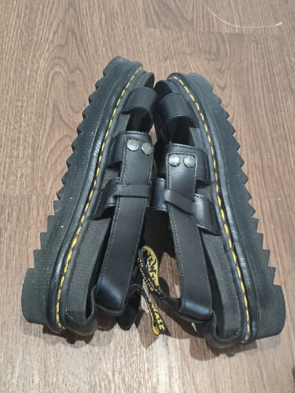 Dr. Martens Black Leather Fisherman Sandals with Yellow Stitching 10M